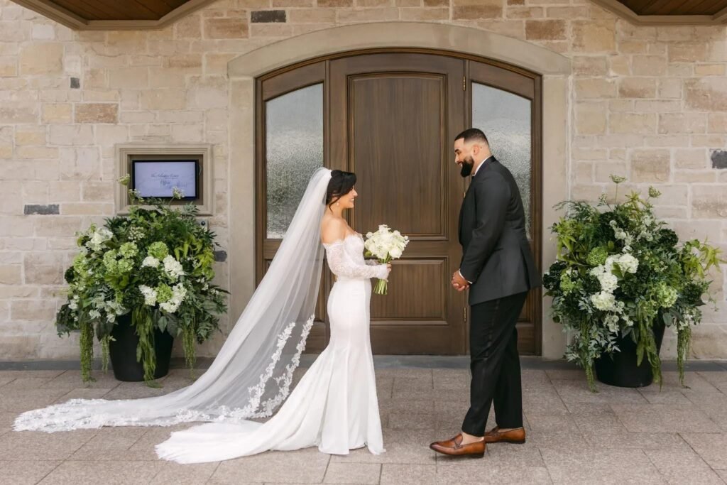 bride wearing off shoulder gown